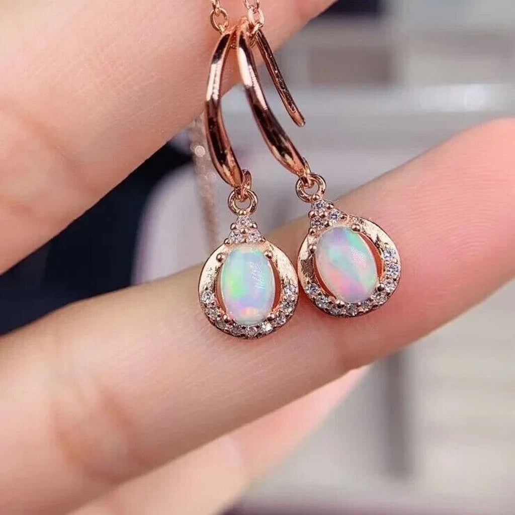Rose Gold Fire Opal Dangle Earrings, Dainty Opal Dangle Earrings Sterling