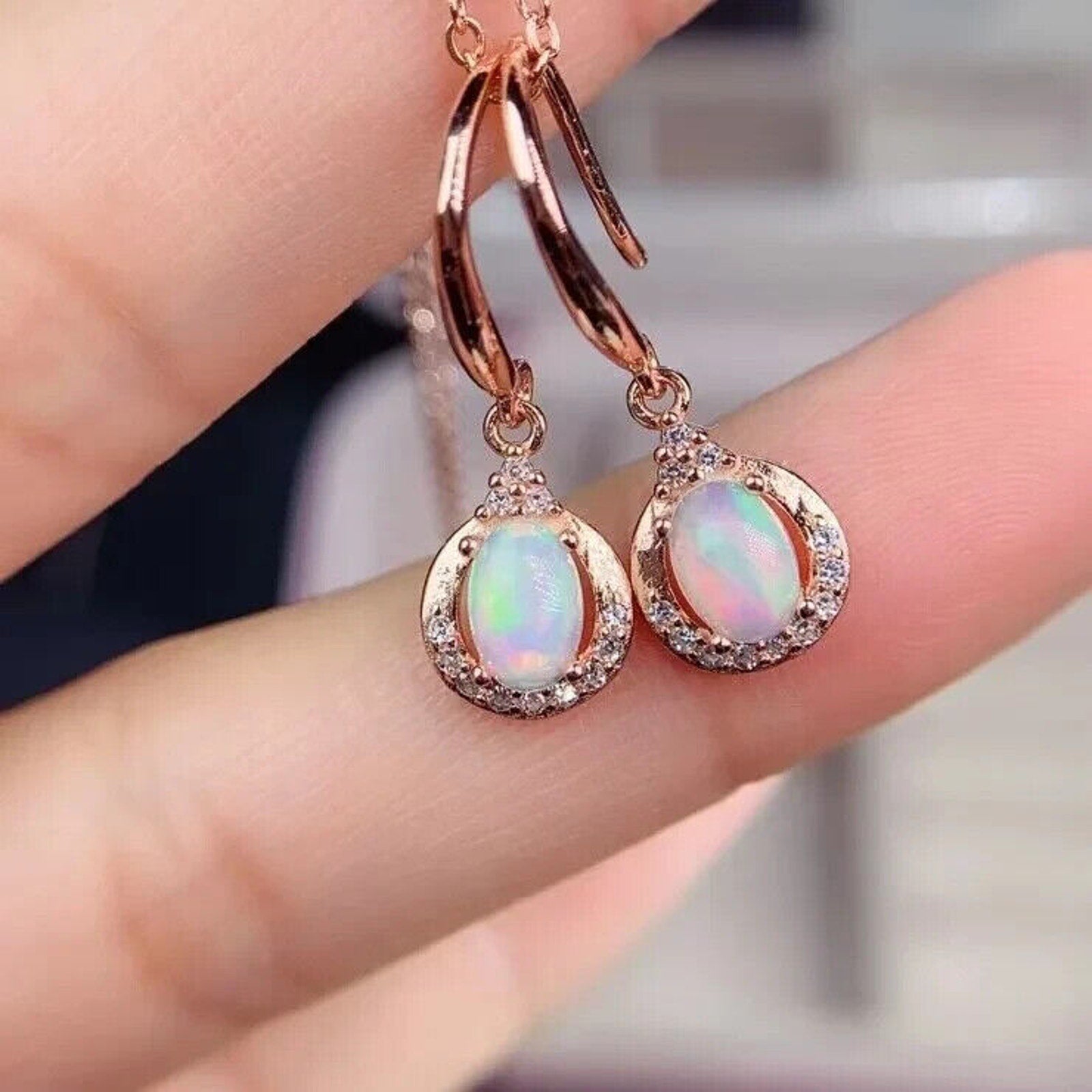 Rose Gold Fire Opal Dangle Earrings, Dainty Opal Dangle Earrings Sterling