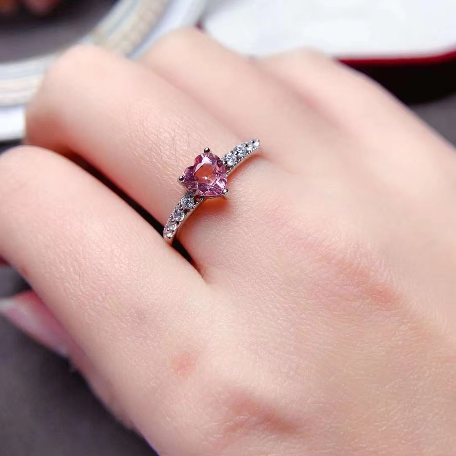 Pink Tourmaline Heart Ring, Natural Pink Tourmaline Ring 925 Sterling Silver