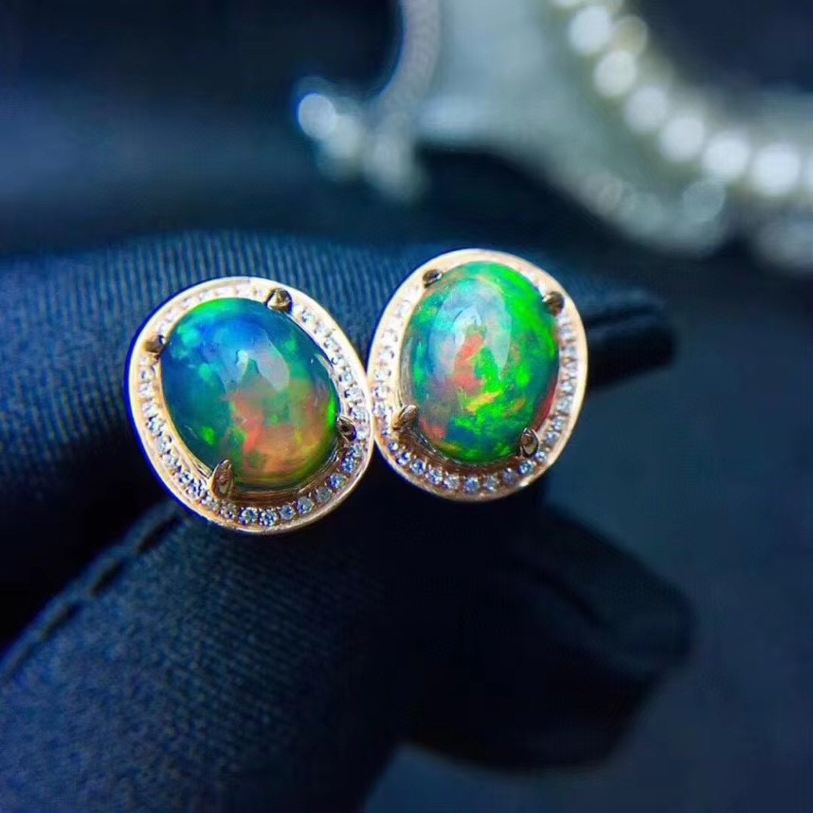 Black Fire Opal Stud Earrings, Natural Fire Opal Earrings 925 Sterling Silver