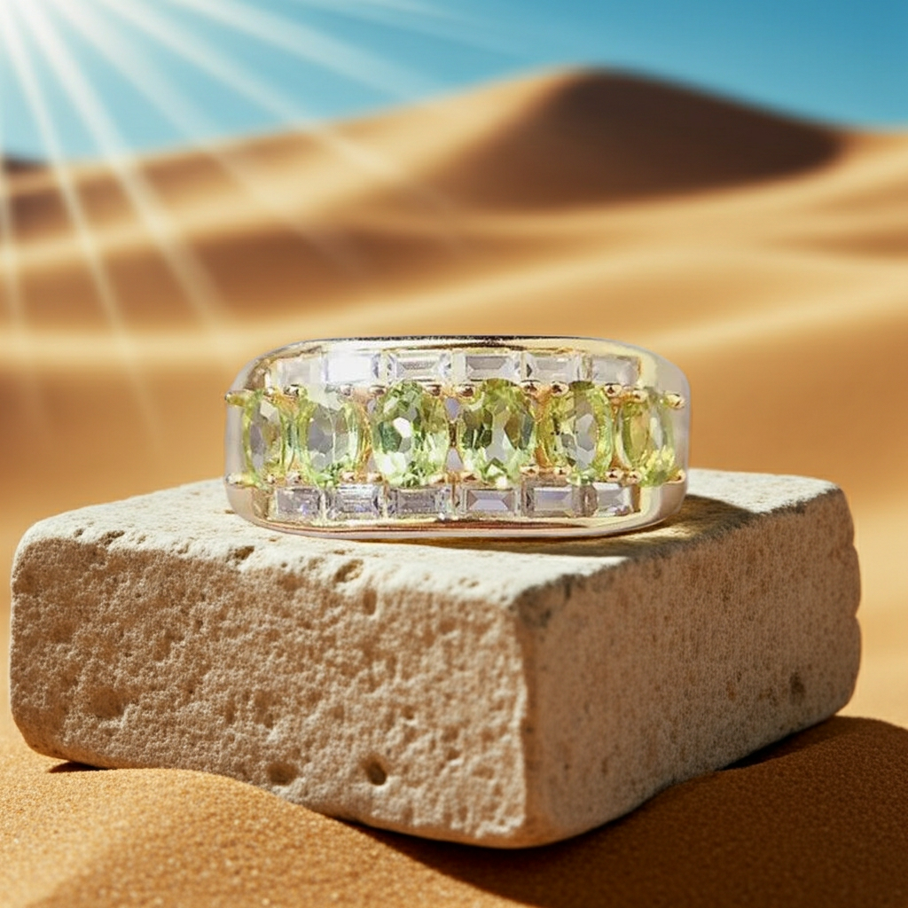 Natural Peridot Gemstone Band Ring 3x4mm, August Birthstone Peridot Ring