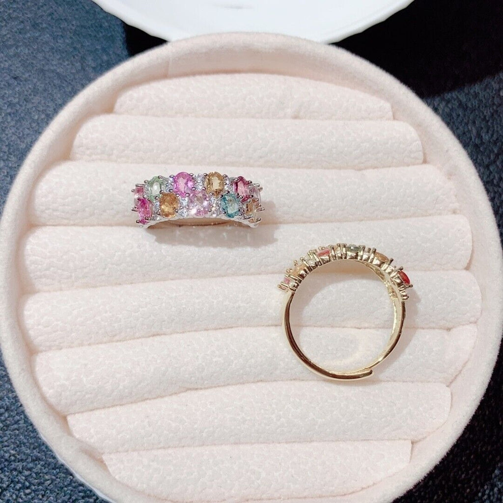 Double Layer Tourmaline Gemstone Band Ring, Women's Natural Tourmaline Rings