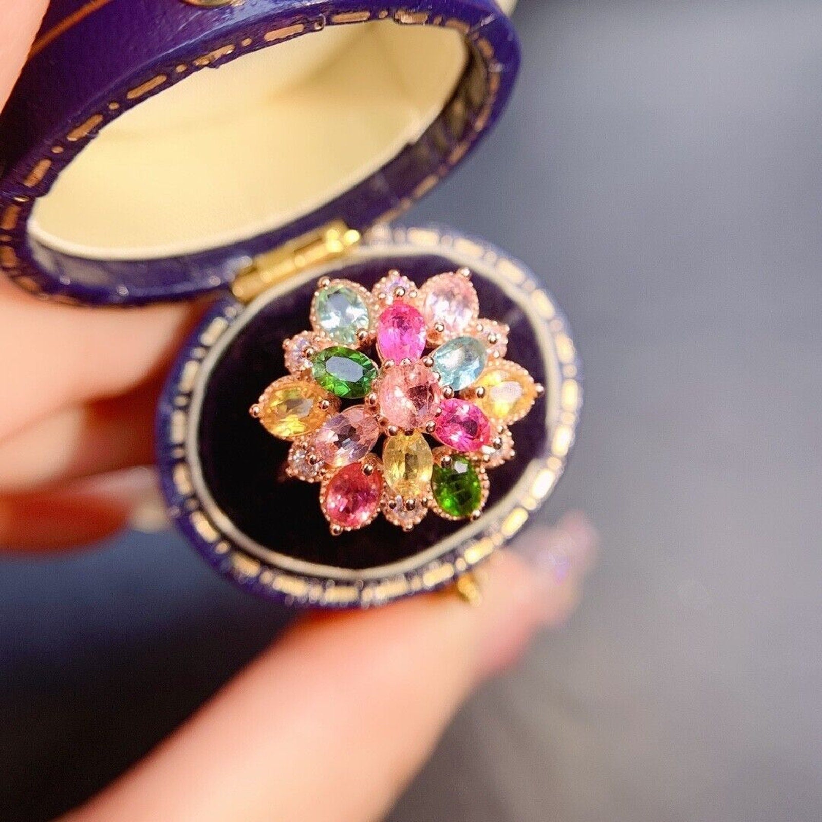 Large Tourmaline Gemstone Cluster Ring, Natural Tourmaline Flower Ring