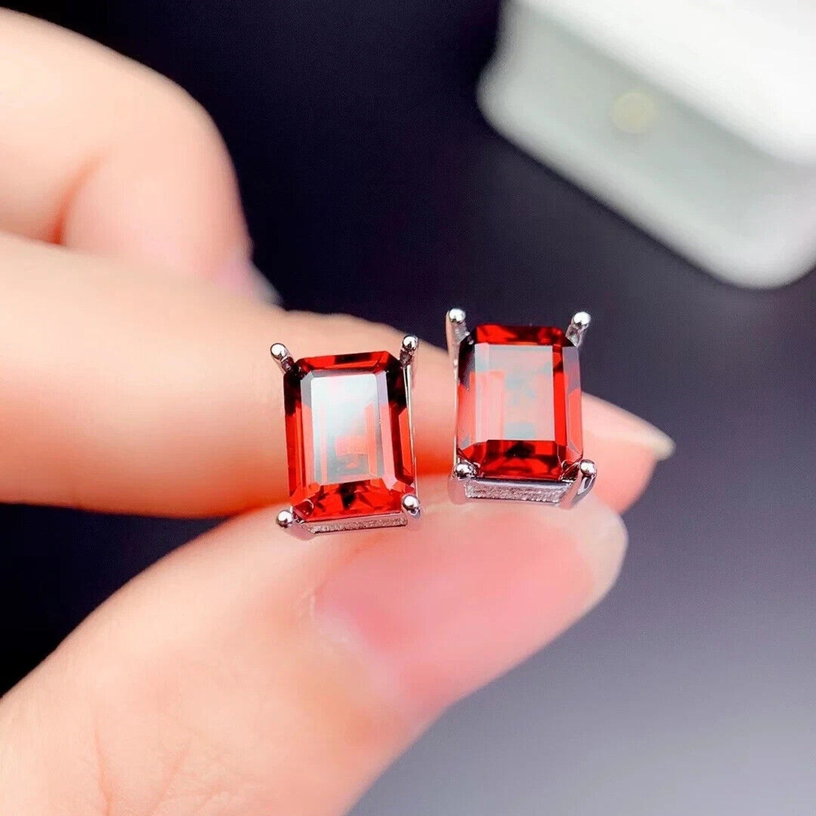 Natural Red Garnet Stud Earrings 6x8mm Platinum Plated, Red Garnet Stud Earrings
