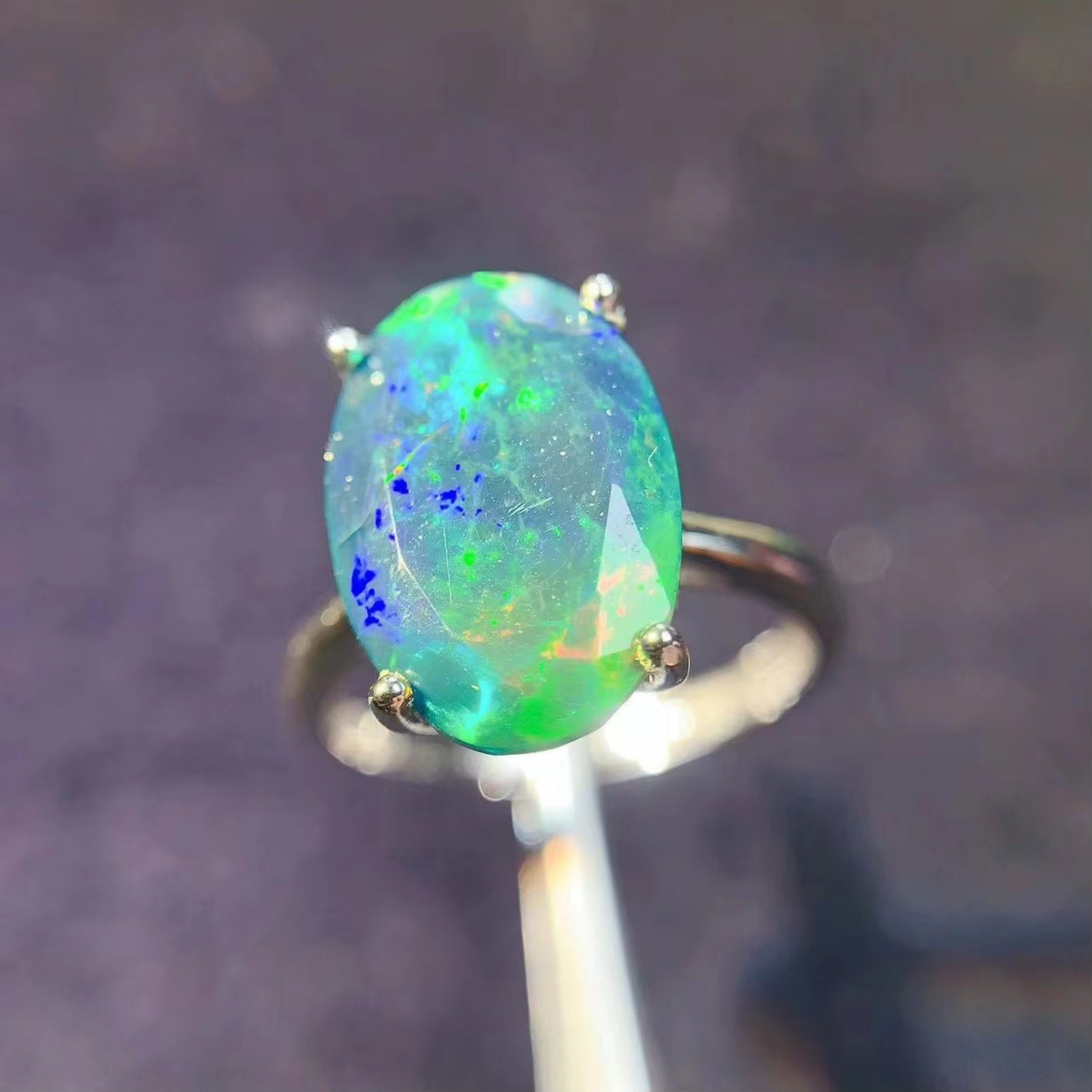 Faceted Black Opal Ring, Australian Fire Opal Statement Ring Sterling Silver