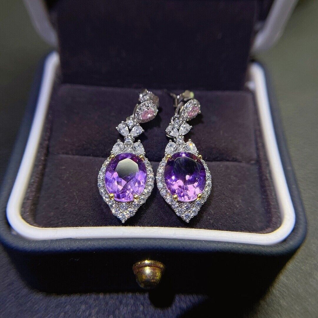 8x10mm Genuine Amethyst Drop Dangle Earrings, Oval Cut Amethyst Earrings