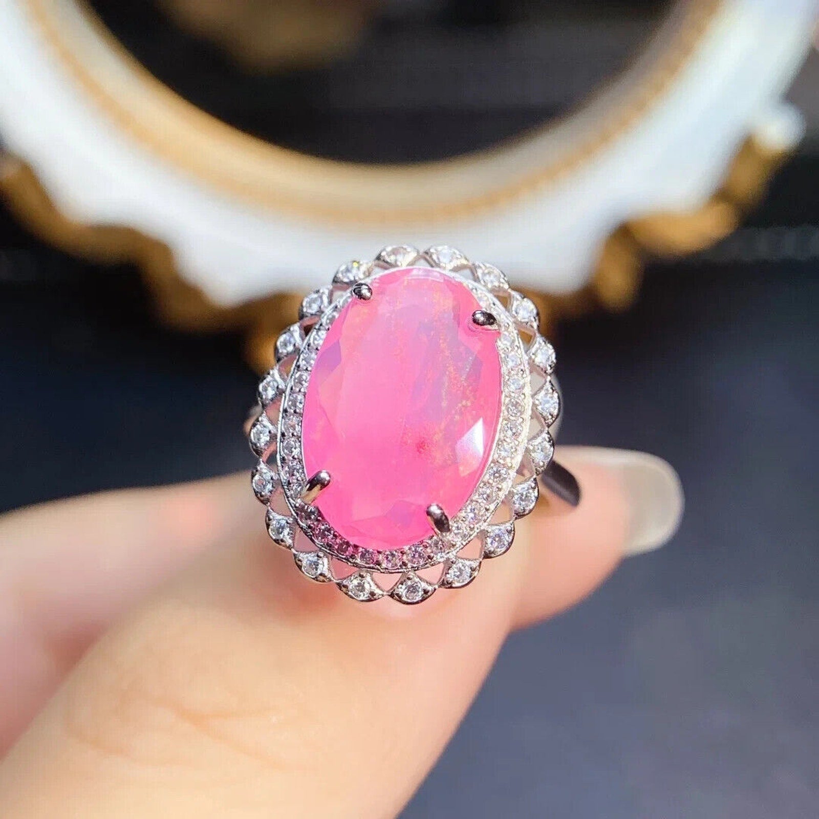 Pink Fire Opal Large Statement Ring 10x15mm, Natural Pink Fire Opal Ring