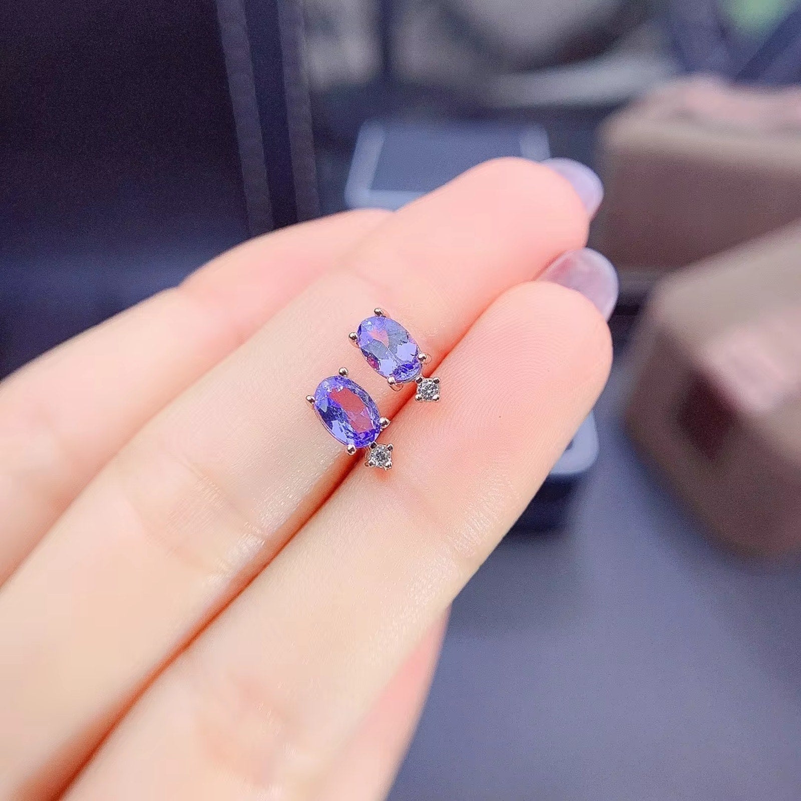 Purple Tanzanite Earrings, Natural Tanzanite Stud Earrings Sterling Silver 4x6mm