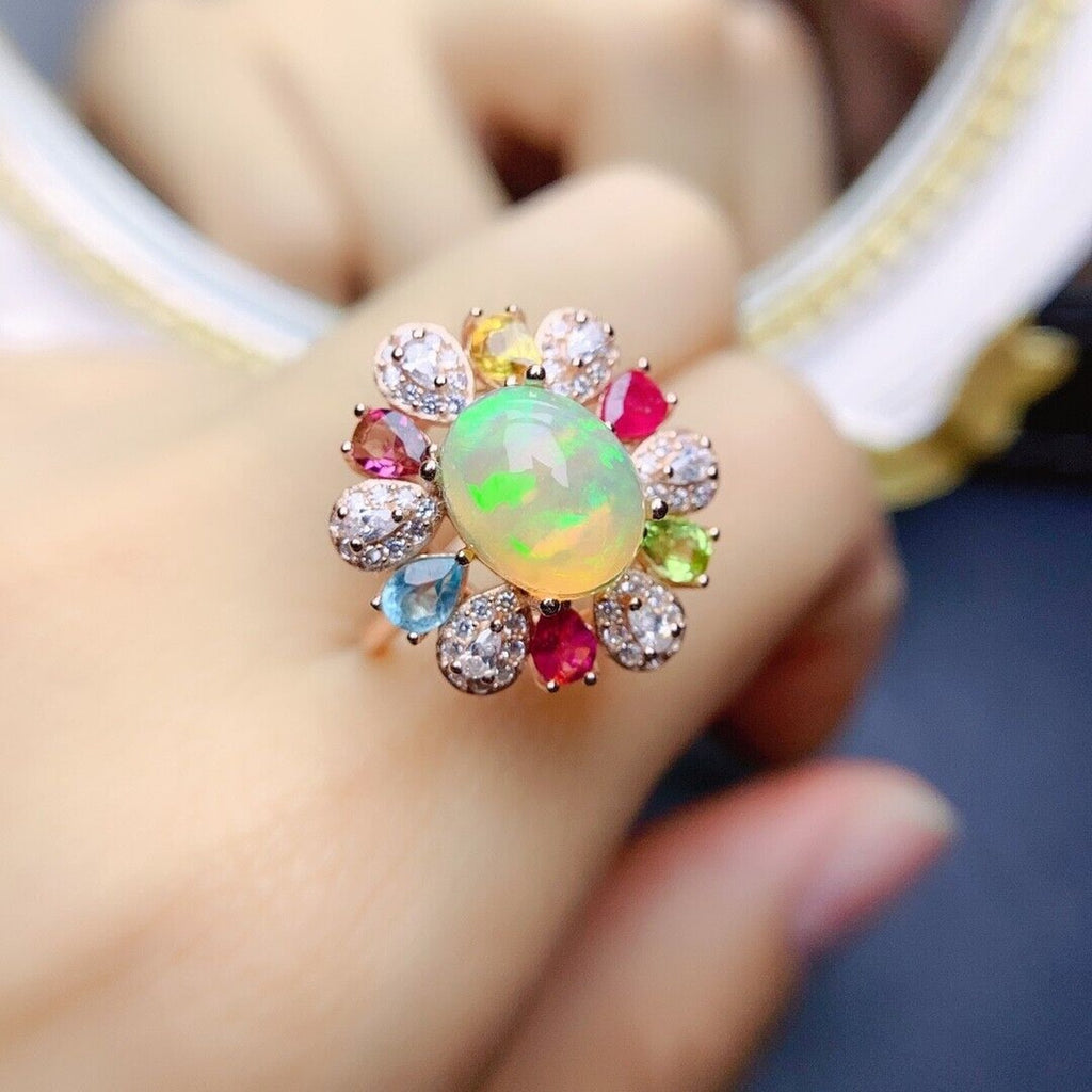 Multi Gemstone Opal Statement Ring, Ruby Sapphire Peridot Topaz and Opal Ring