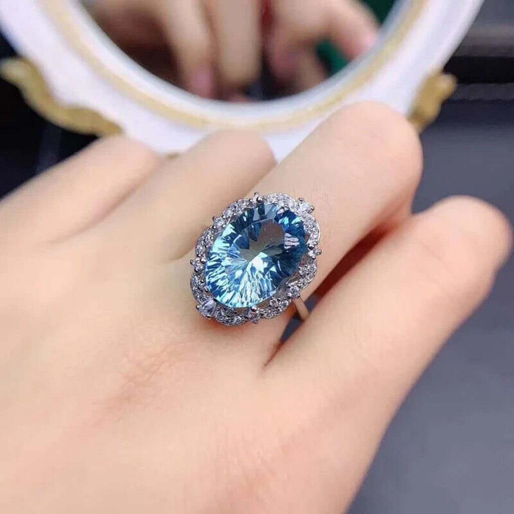 Natural Blue Topaz Gemstone Ring 10x14mm, Large Blue Topaz Cocktail Ring