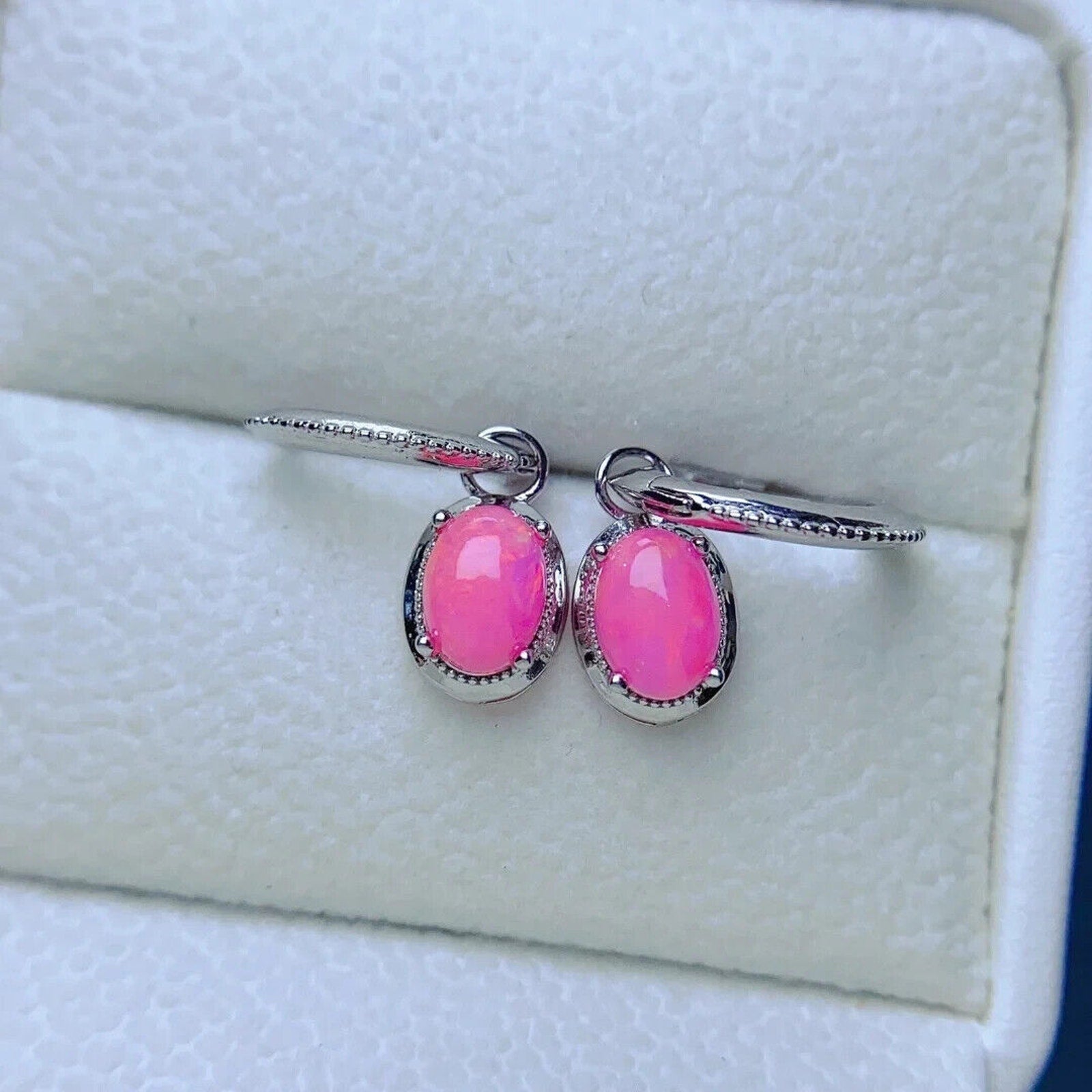 Pink Fire Opal Dangle Earrings 5x7mm, Natural Pink Opal Earrings Sterling Silver