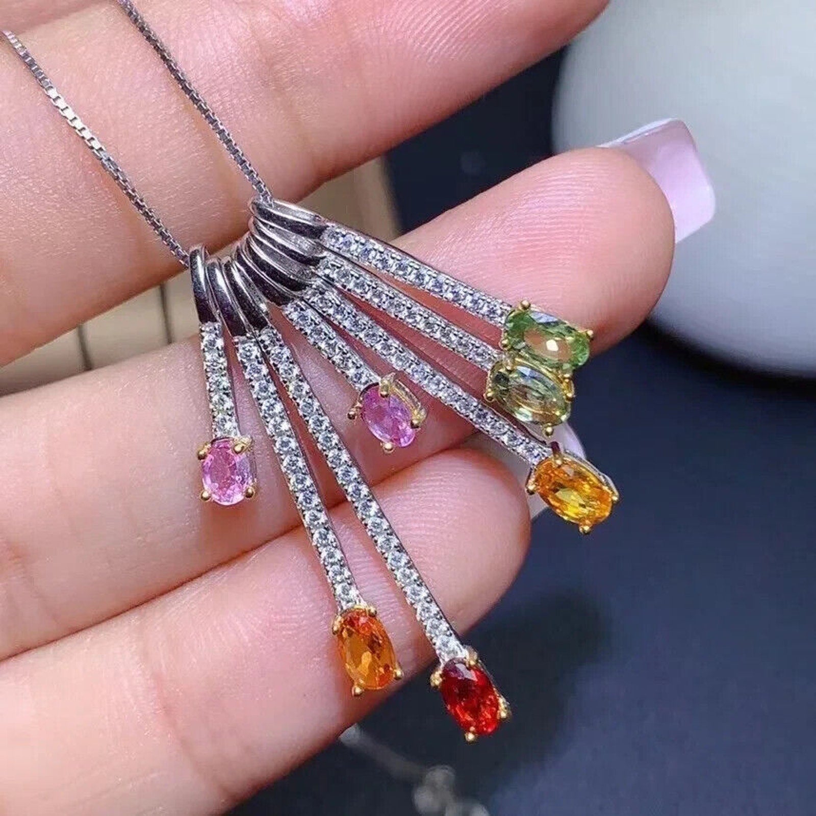 Natural Multicolor Sapphire Necklace – 925 Sterling Silver | Adjustable Women’s Gemstone Jewelry