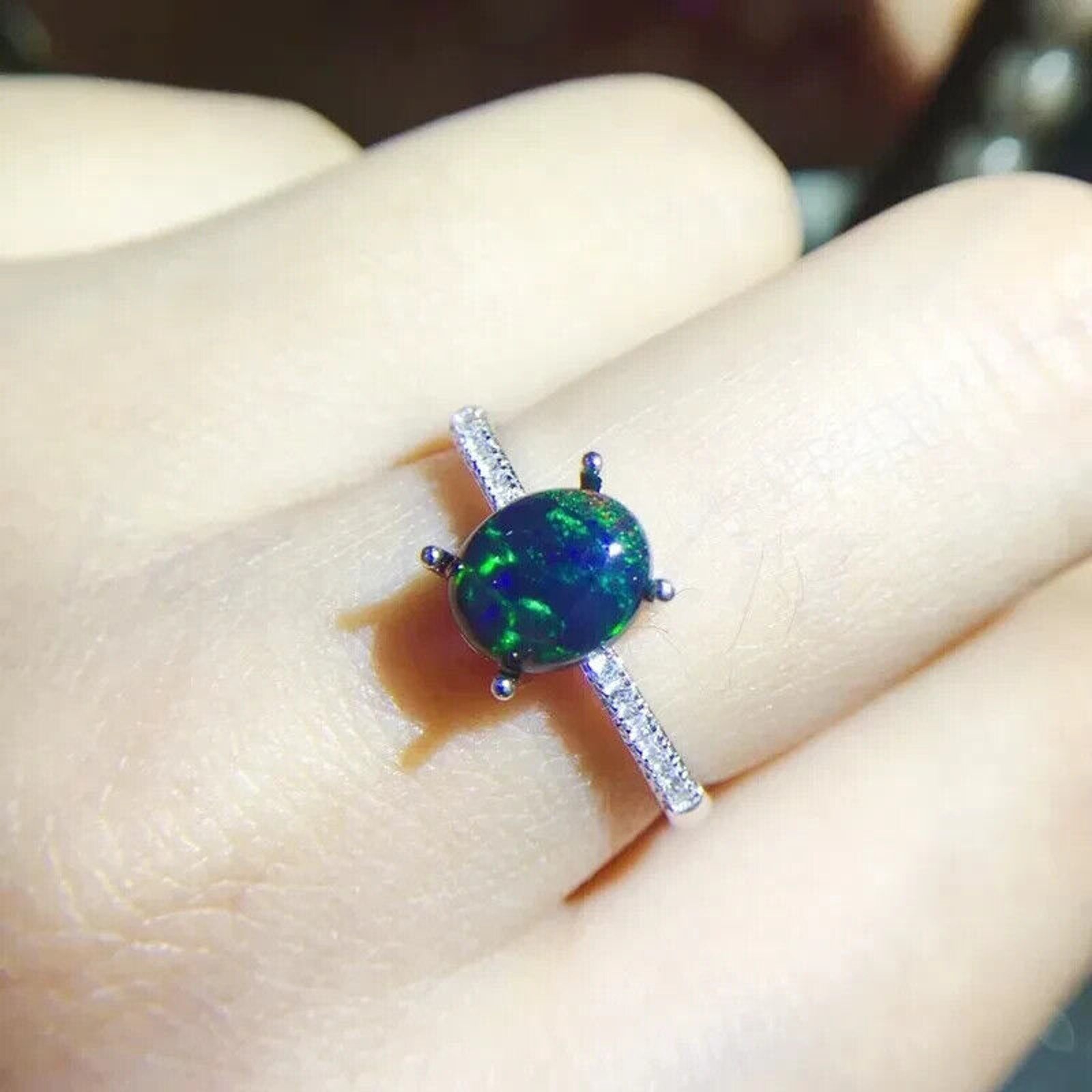 Black Fire Opal Cocktail Ring 6x8mm, Natural Fire Opal Ring 925 Sterling