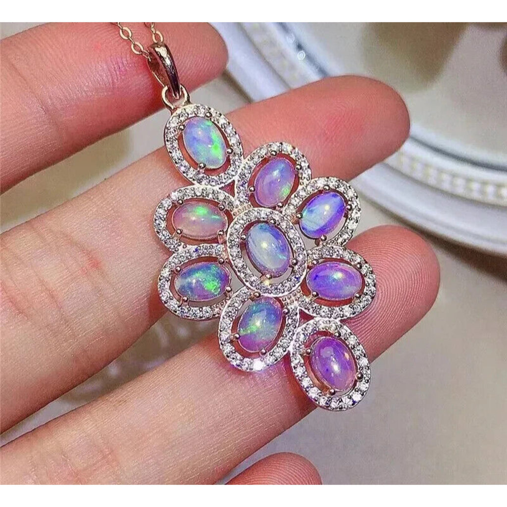 Natural Fire Opal Pendant Necklace, Large Fire Opal Cluster Pendant Sterling
