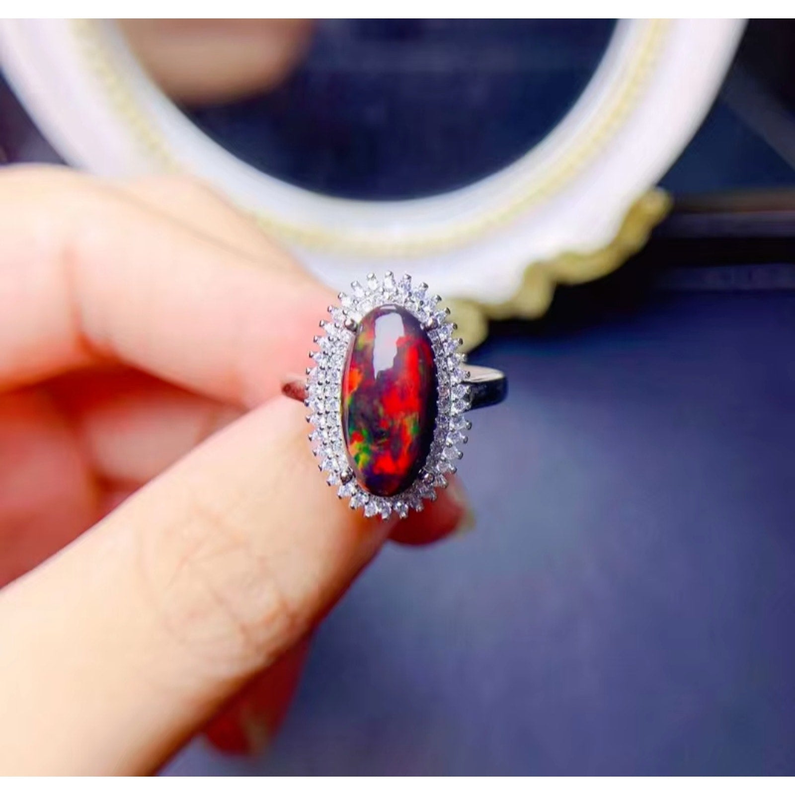 Colorful Fire Opal Statement Ring, Black Fire Opal Ring 7x14mm Sterling Silver