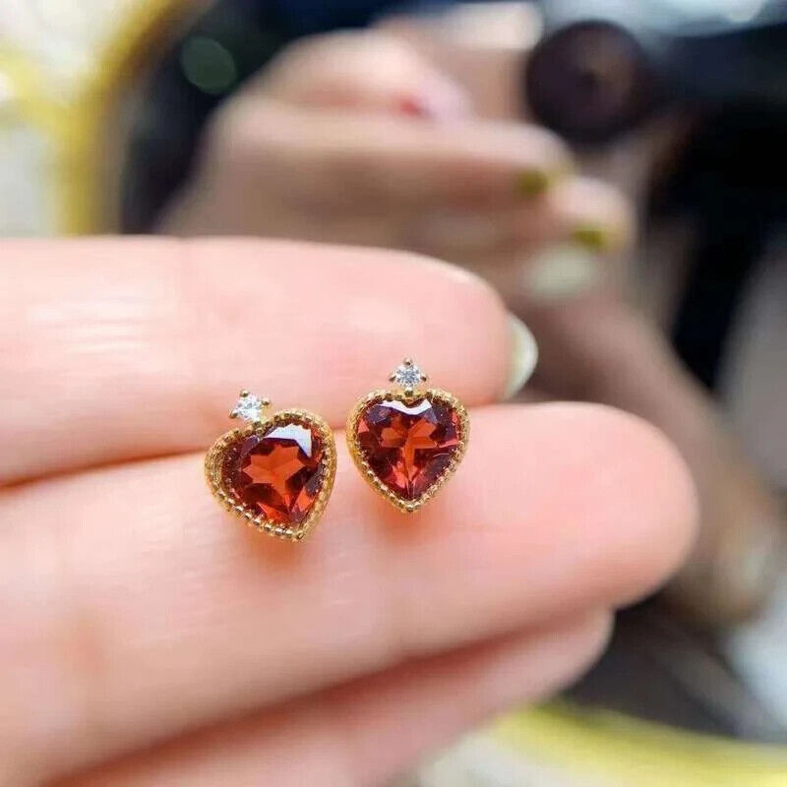 Natural Garnet Heart Shaped Stud Earrings 6mm