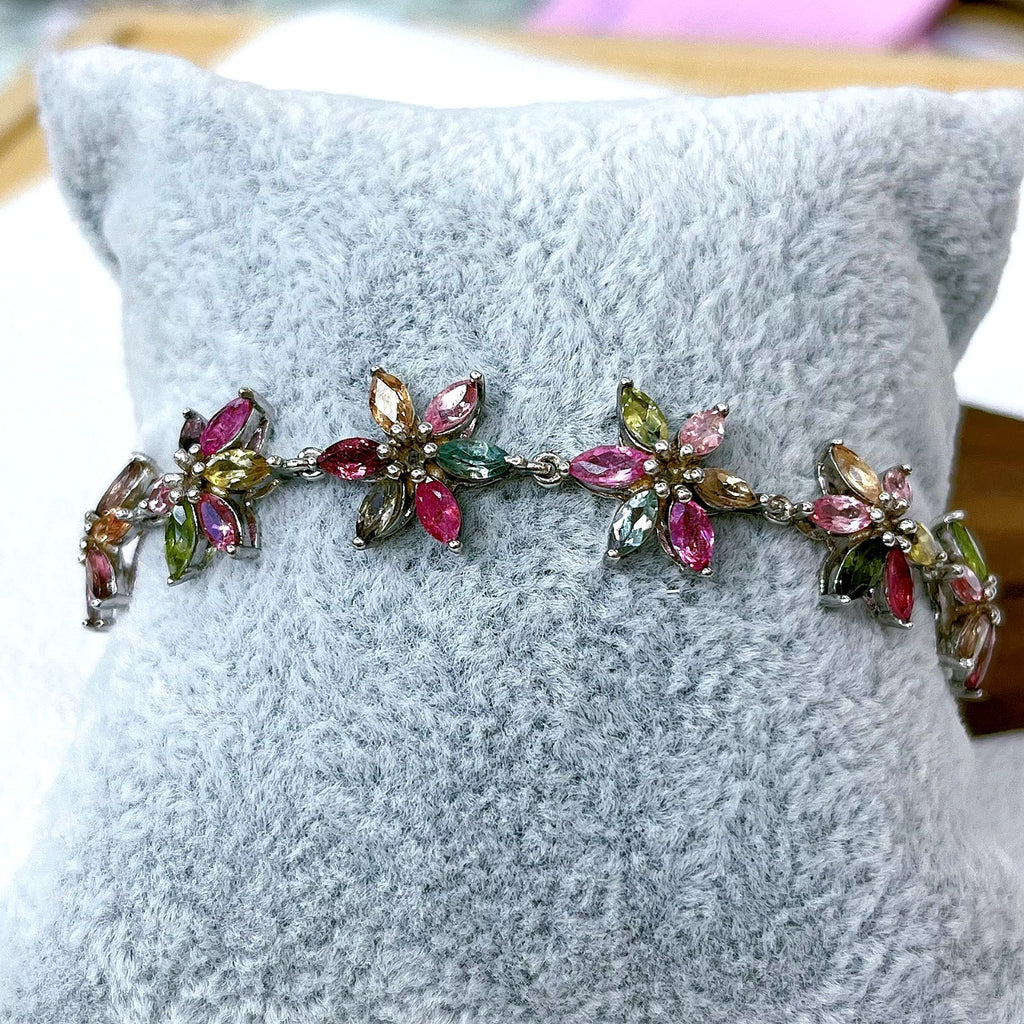 Natural Brazilian Tourmaline Tennis Bracelet, Tourmaline Flower Bracelet