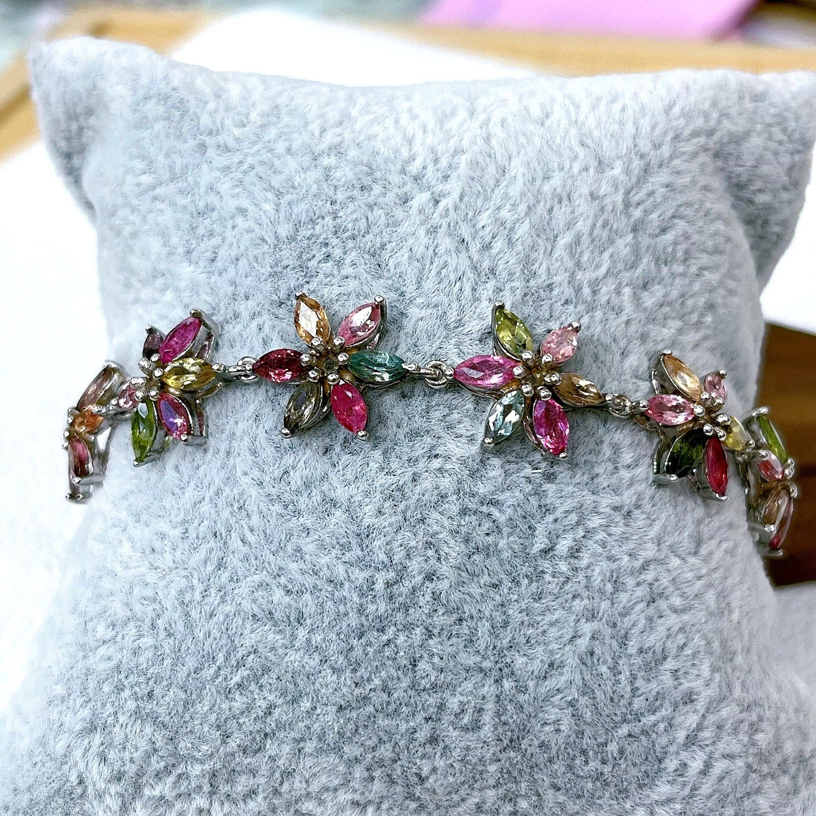 Natural Brazilian Tourmaline Tennis Bracelet, Tourmaline Flower Bracelet