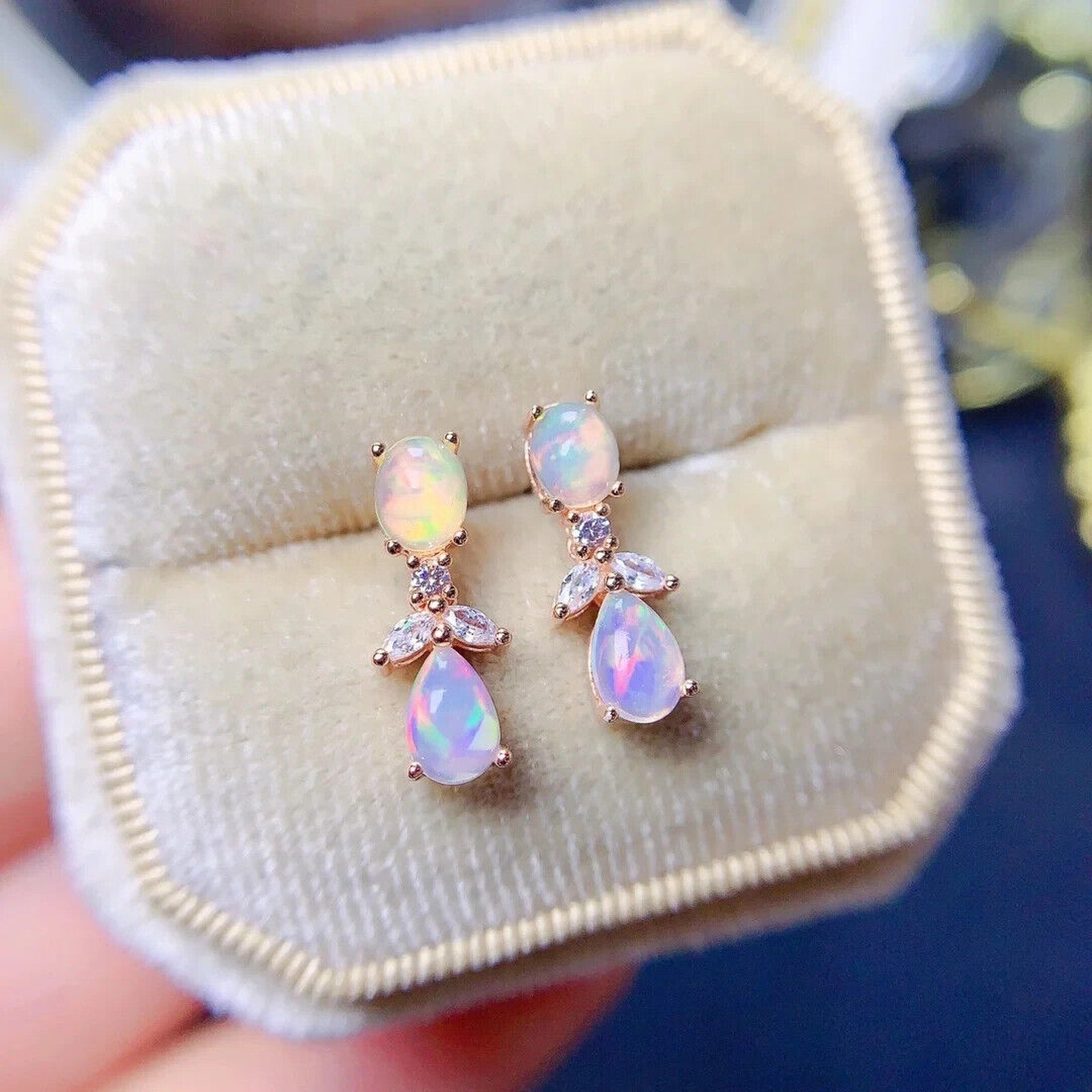 Elegant Opal Stud Earrings, Natural Fire Opal Drop Earrings 4x6mm