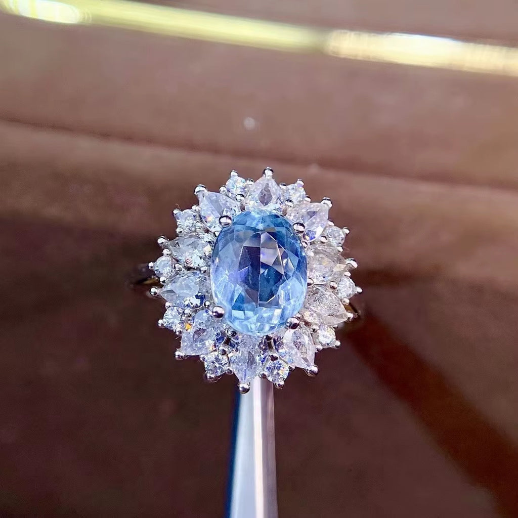 Natural Aquamarine Gemstone Ring 7x9mm, March Birthstone Aquamarine Ring