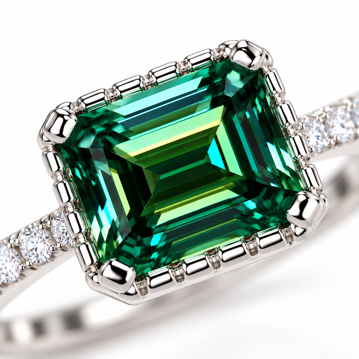 Macro close-up of a 2 carat lab-created green moissanite gemstone featuring an elongated 6x8mm emerald cut, deep forest-green center, vivid teal reflections, precise step-cut facets, and polished four-prong setting.