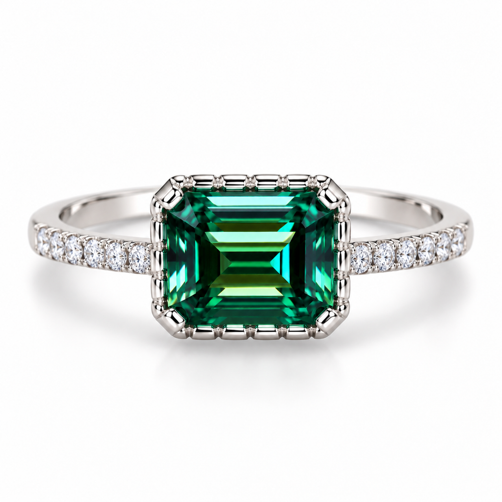 Top-down view of a 6x8mm emerald-cut green moissanite ring showing the elongated horizontal gemstone, deep green and teal step-cut facets, distinctive segmented metal border, and clear cubic zirconia accents along the sterling silver band.