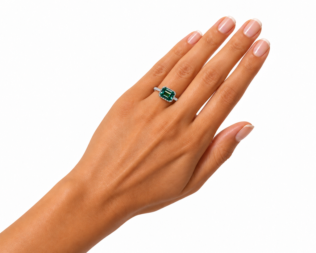 Angled close-up of a woman's hand wearing a 2 carat green moissanite ring with a horizontally positioned 6x8mm emerald-cut gemstone, geometric silver-colored setting, and delicate cubic zirconia shoulder accents.
