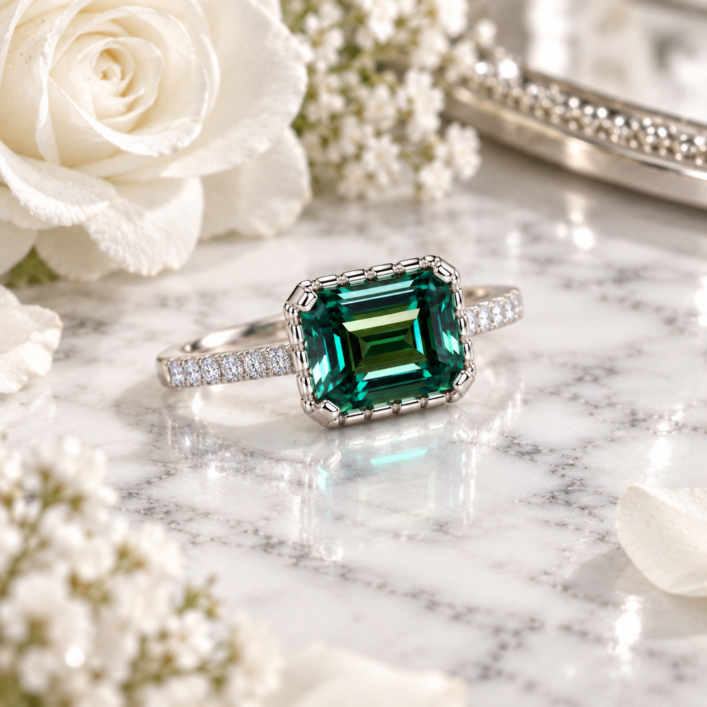 Three-quarter angle lifestyle photograph of a 6x8mm emerald-cut green moissanite ring resting on white marble beside soft white flowers, highlighting the deep green gemstone, polished four-prong setting, and sparkling cubic zirconia accents.