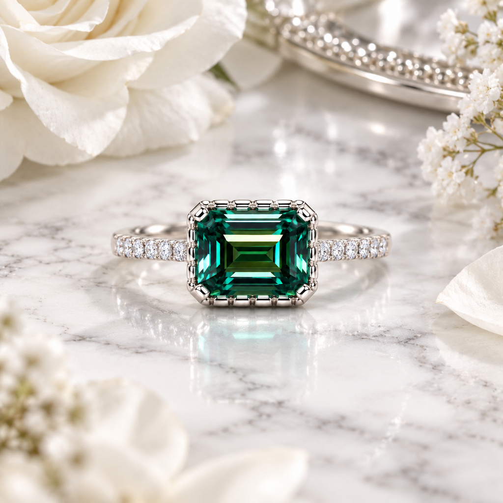 2 carat lab-created green moissanite ring displayed on elegant white marble with subtle gray veining and delicate white flowers, featuring a 6x8mm emerald-cut gemstone with rich forest-green and teal reflections.