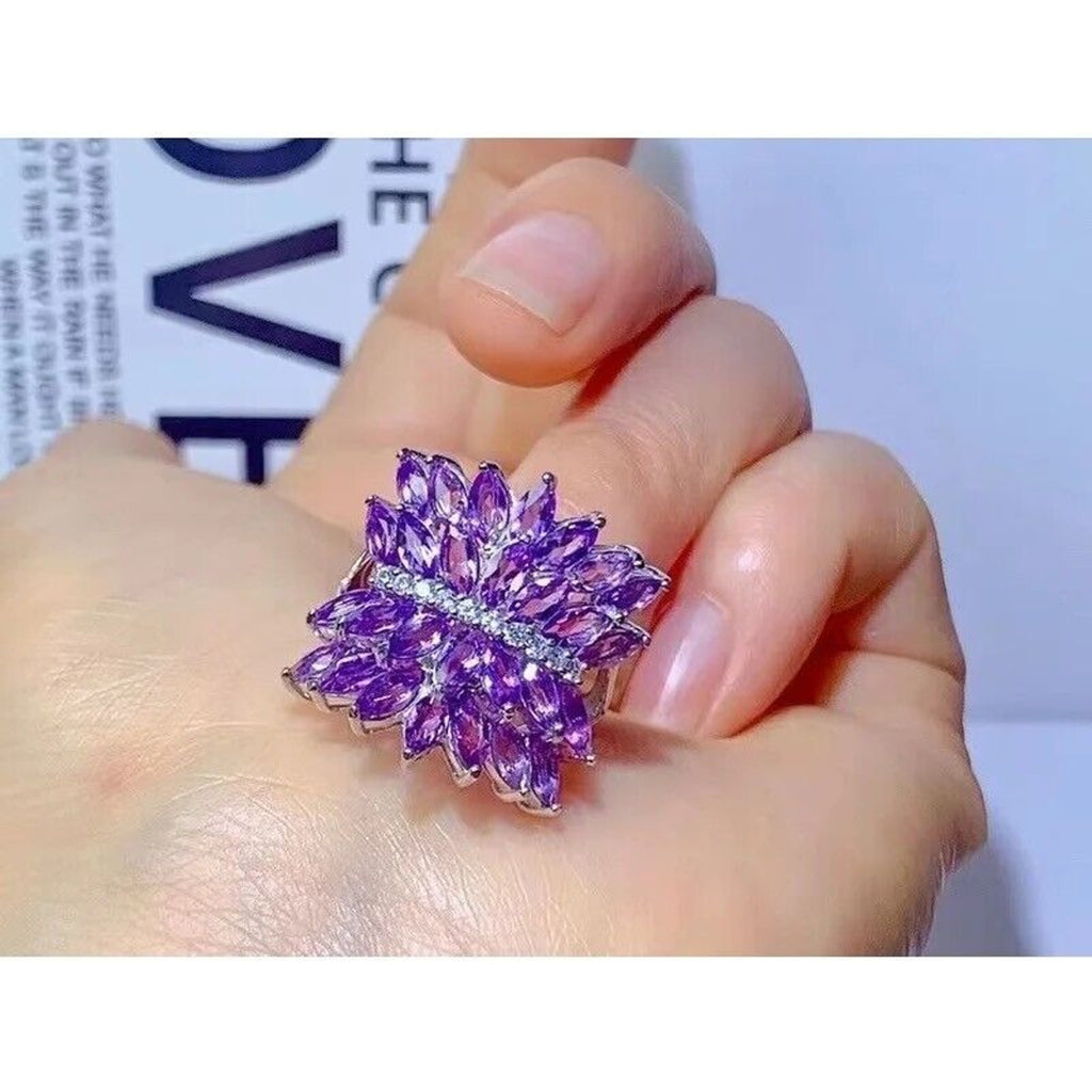 Marquise Cut Amethyst Full Finger Ring, Women's Natural Amethyst Gemstone Ring