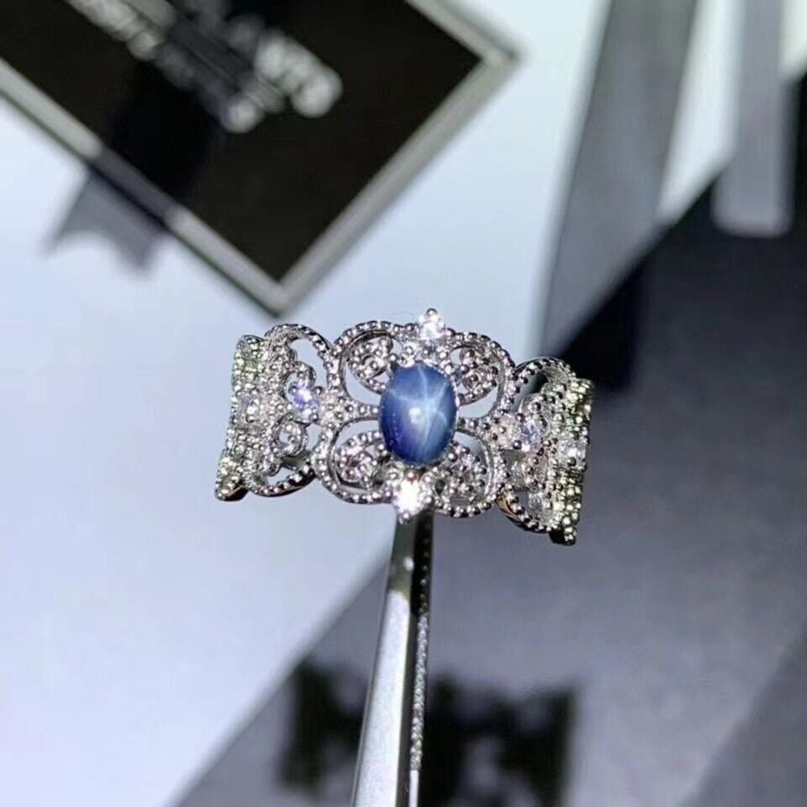 Natural Blue Star Sapphire Princess Ring, 4x5mm Star Sapphire Ring Platinum