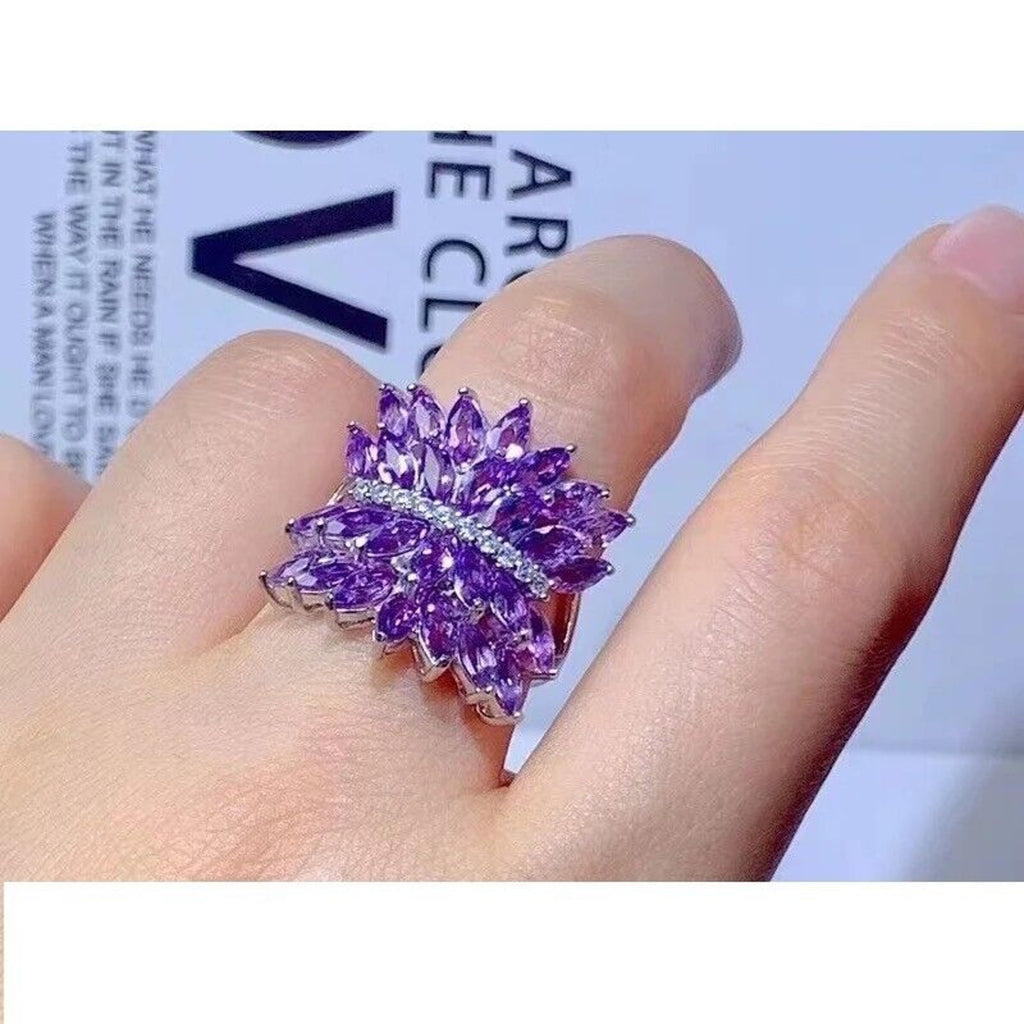 Marquise Cut Amethyst Full Finger Ring, Women's Natural Amethyst Gemstone Ring
