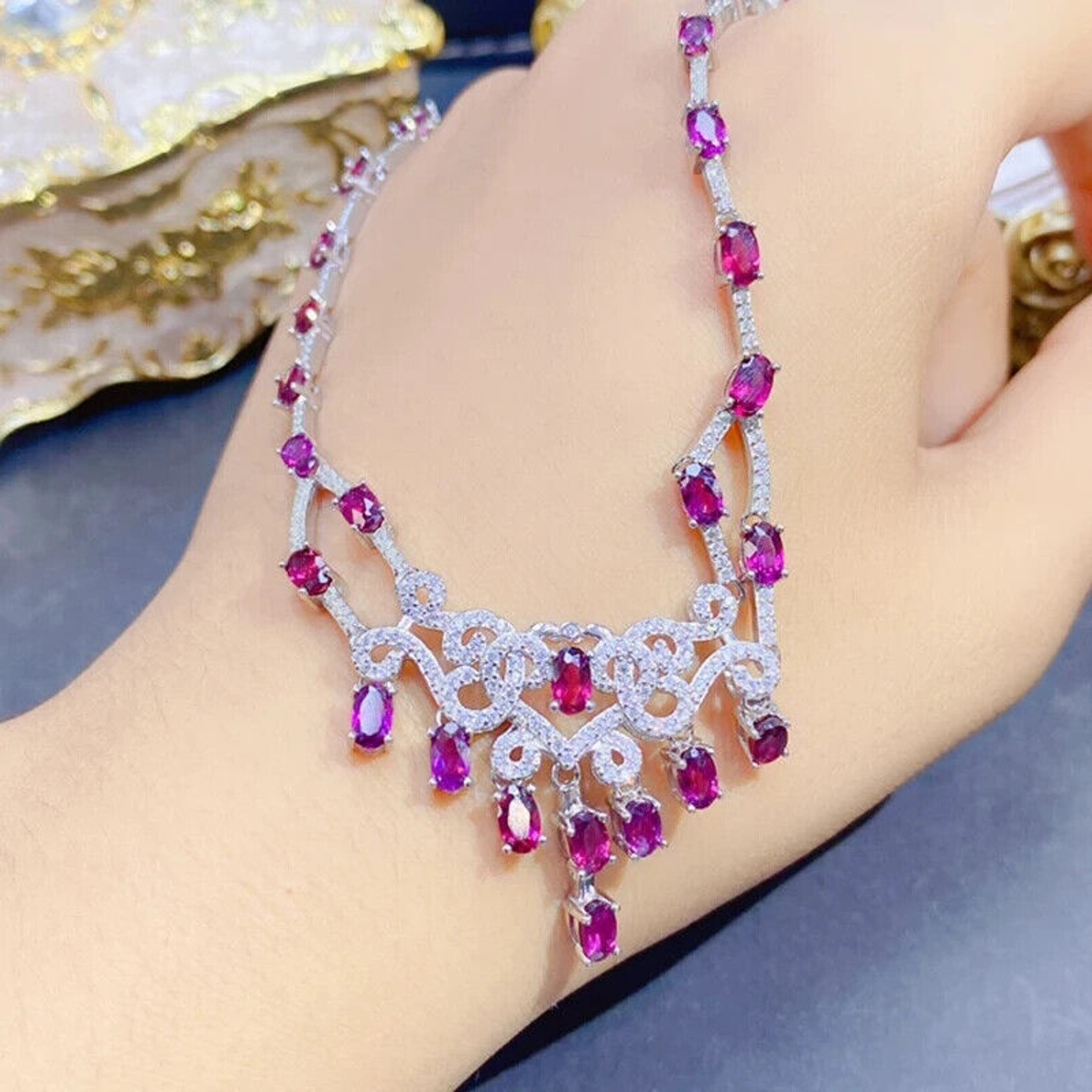 Pink Garnet Statement Necklace, Natural Garnet Gemstone Necklace 925 Sterling