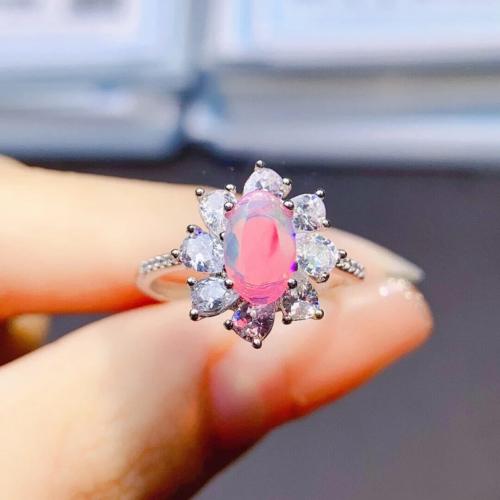 Pink Fire Opal Cluster Ring 5x8mm, Natural Pink Fire Opal Ring 925 Sterling