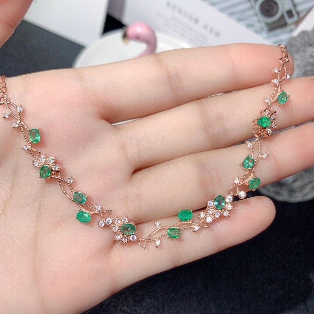 Colombian Emerald Dainty Floral Bracelet on 925 Sterling Silver, 12pc 3x4mm