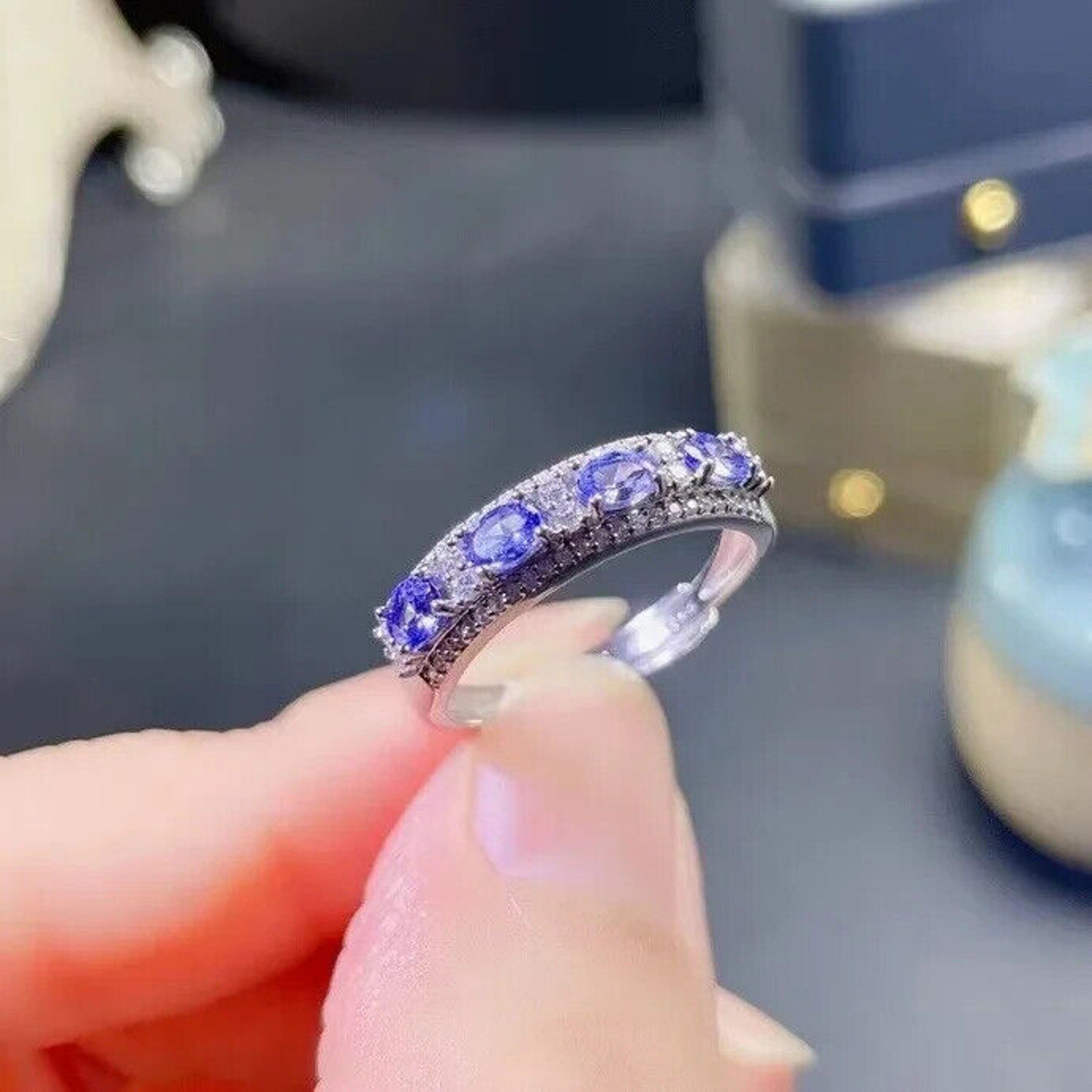 Natural Purple Tanzanite Band Ring 3x4mm Platinum Plated, Tanzanite Band Ring
