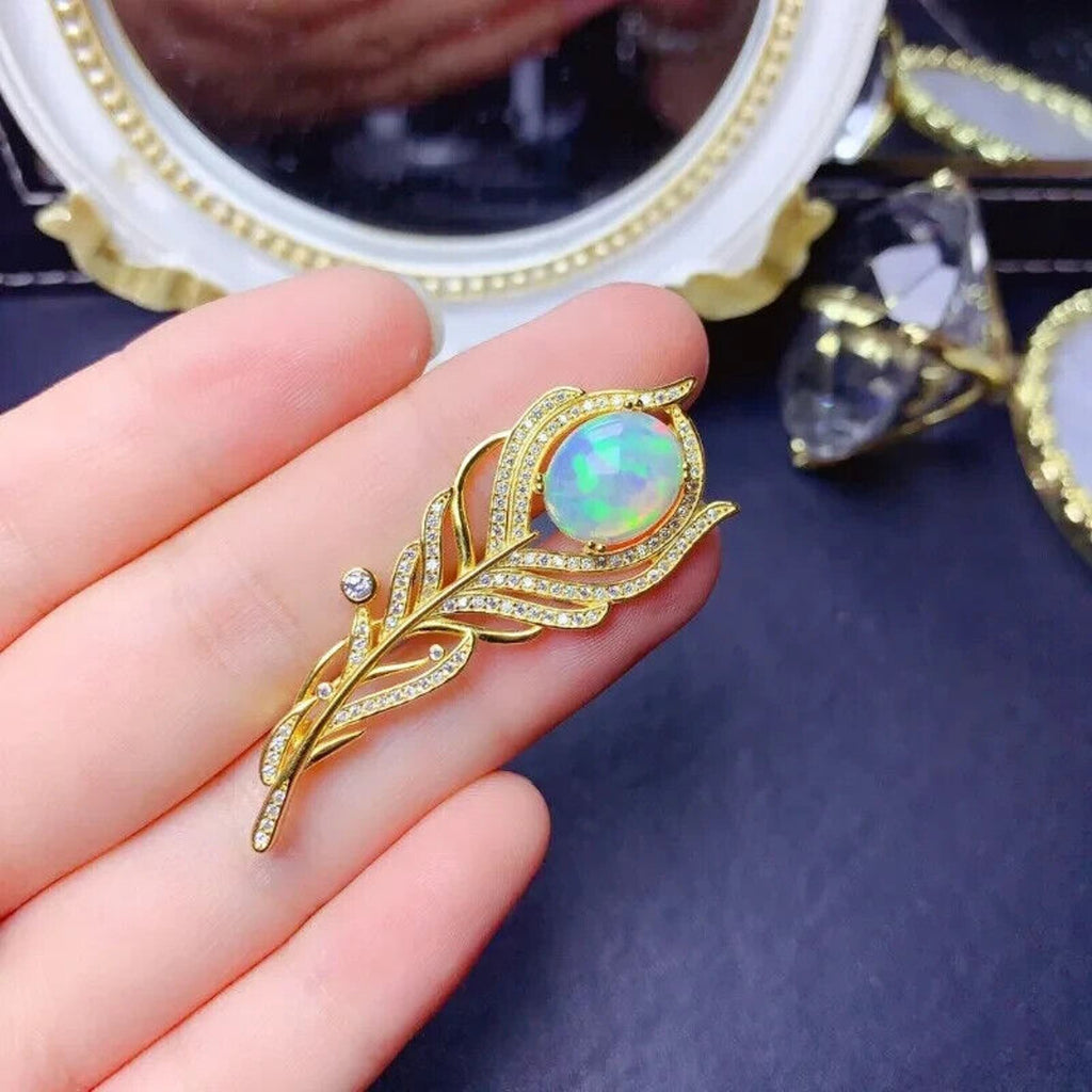 Australian Opal Feather Brooch Pin, Women's Natural Opal Brooch Sterling Silver