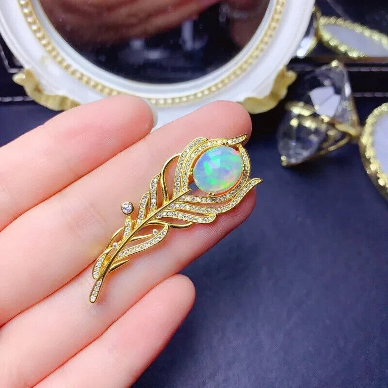 Australian Opal Feather Brooch Pin, Women's Natural Opal Brooch Sterling Silver