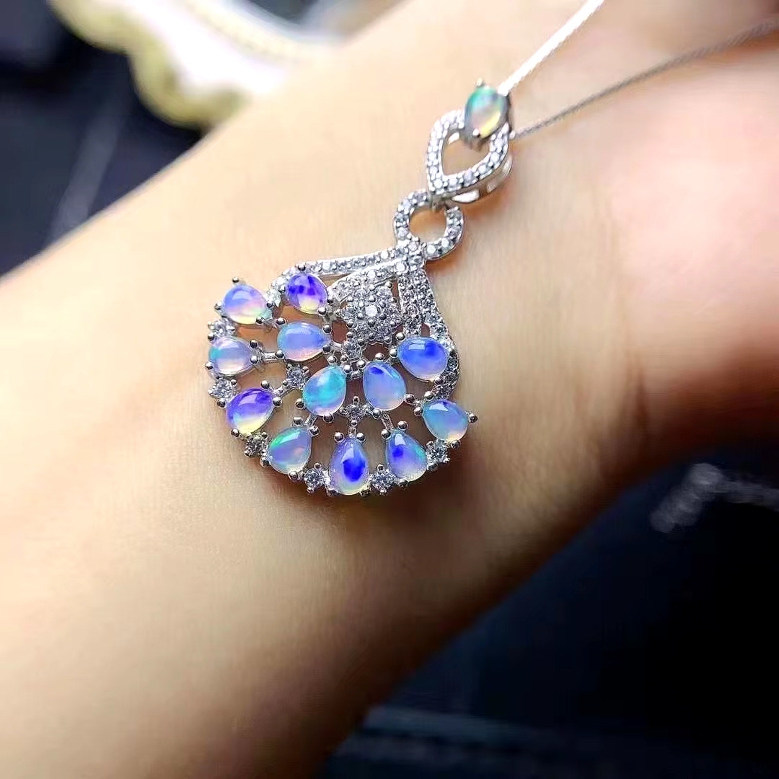 Fire Opal Cluster Pendant Necklace 925 Sterling Silver