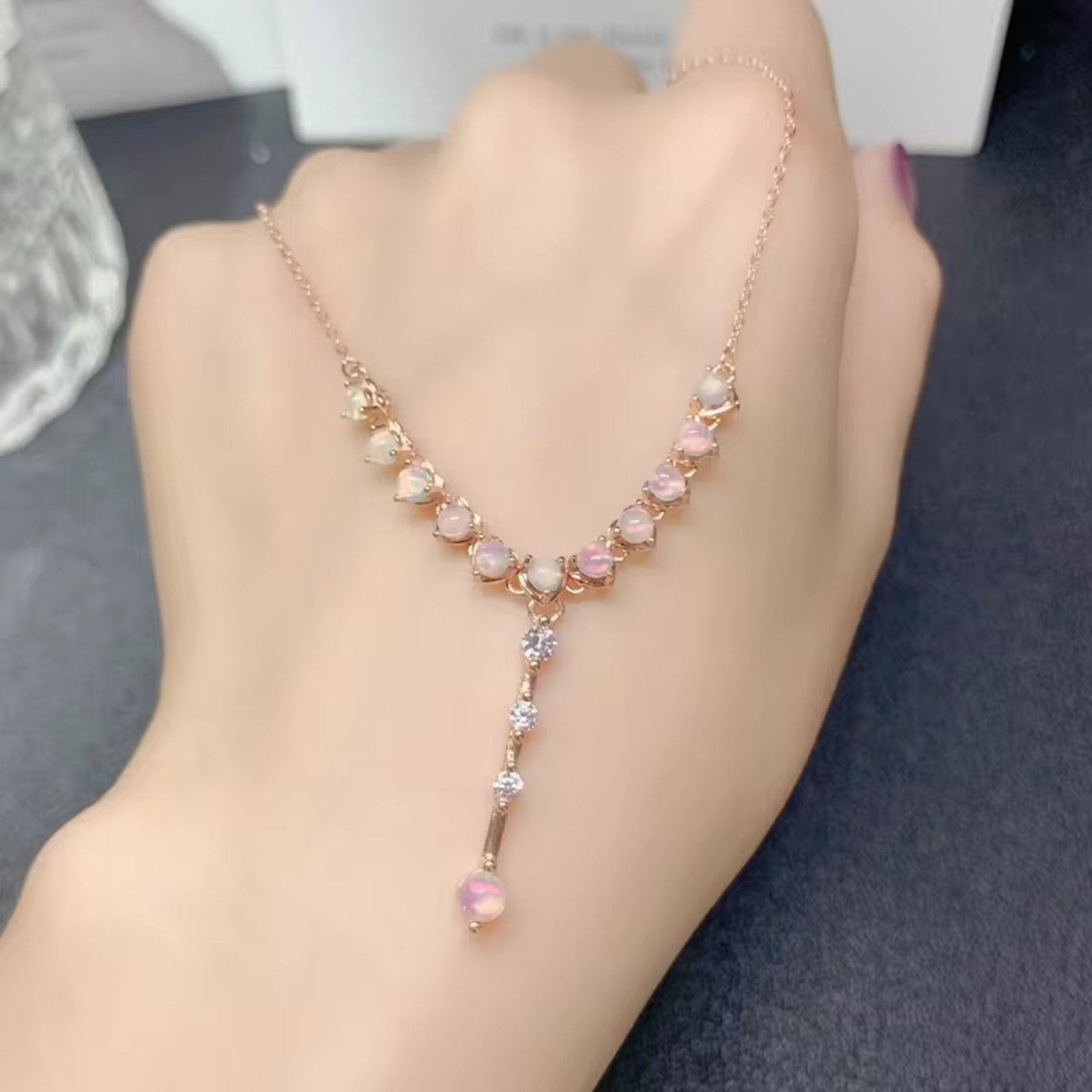 White Fire Opal Clavicle Chain Necklace, Fire Opal Statement Necklace 3mm