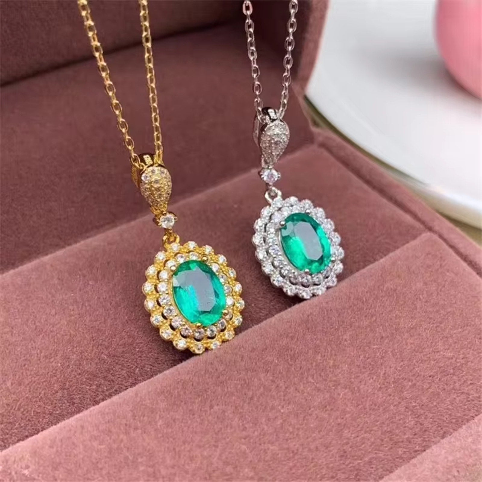 Natural Emerald Pendant Necklace, Genuine Mined Emerald Necklace 6x8mm