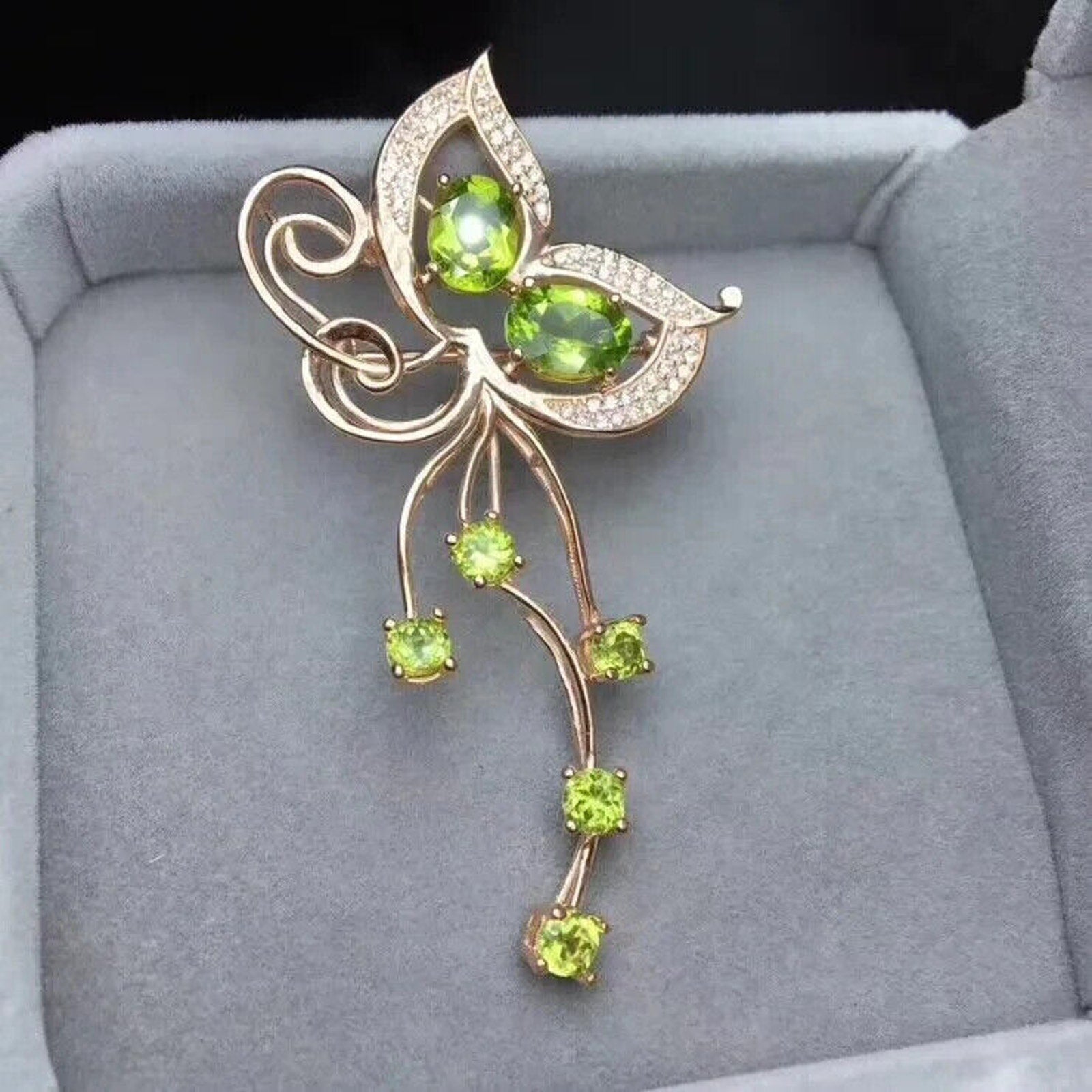 Natural Peridot Butterfly Brooch Pin 18k Rose Gold Plated, Peridot Brooch Pin