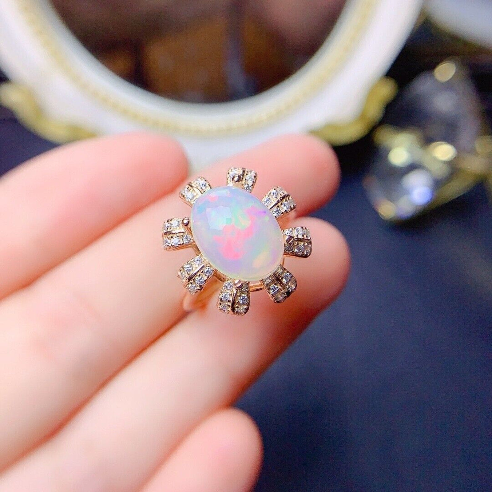 Natural White Opal Cocktail Ring 9x11mm, Colorful Opal Ring 925 Sterling Silver
