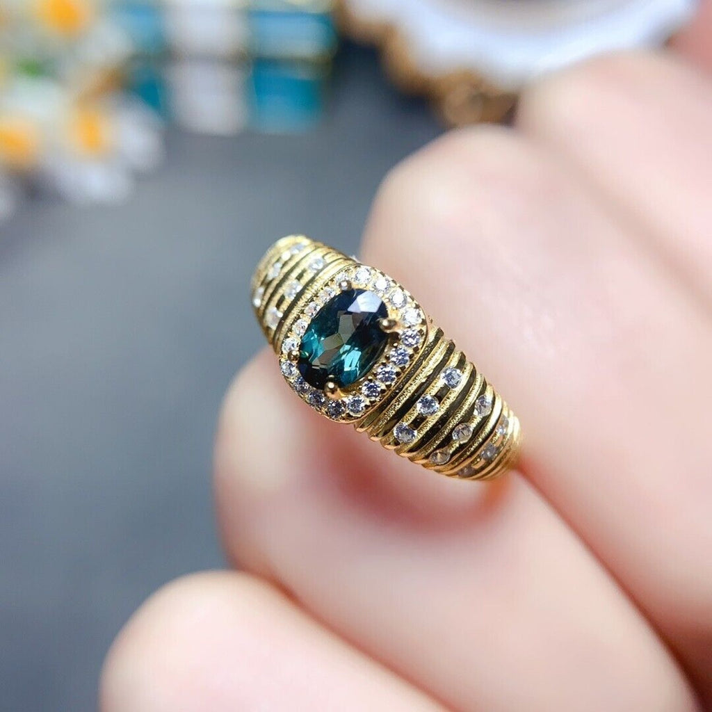 Green Tourmaline Band Ring, Natural Green Tourmaline Gemstone Ring Silver