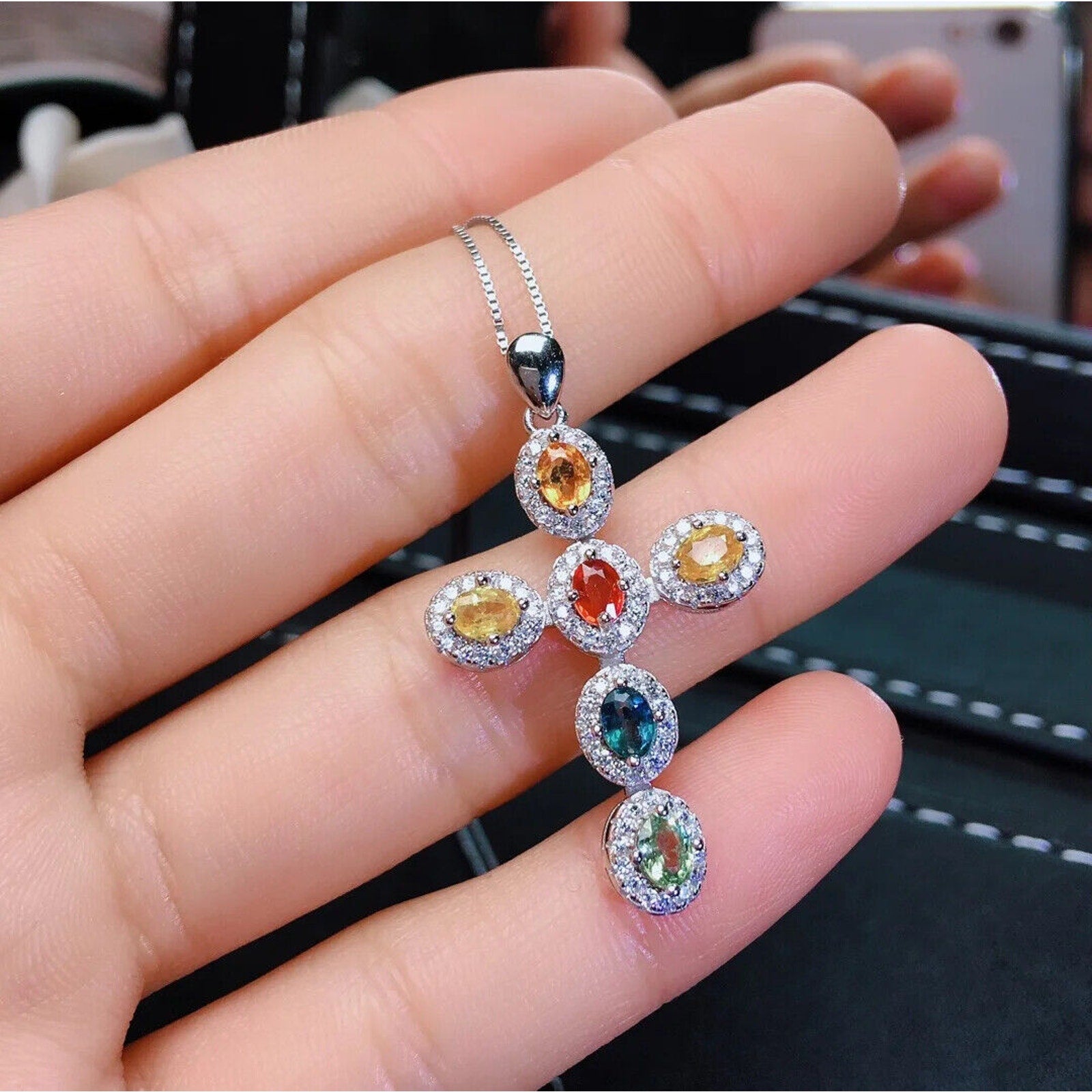 Natural Gemstone Cross Necklace, Ruby, Sapphire, Emerald, Moonstone, Aquamarine