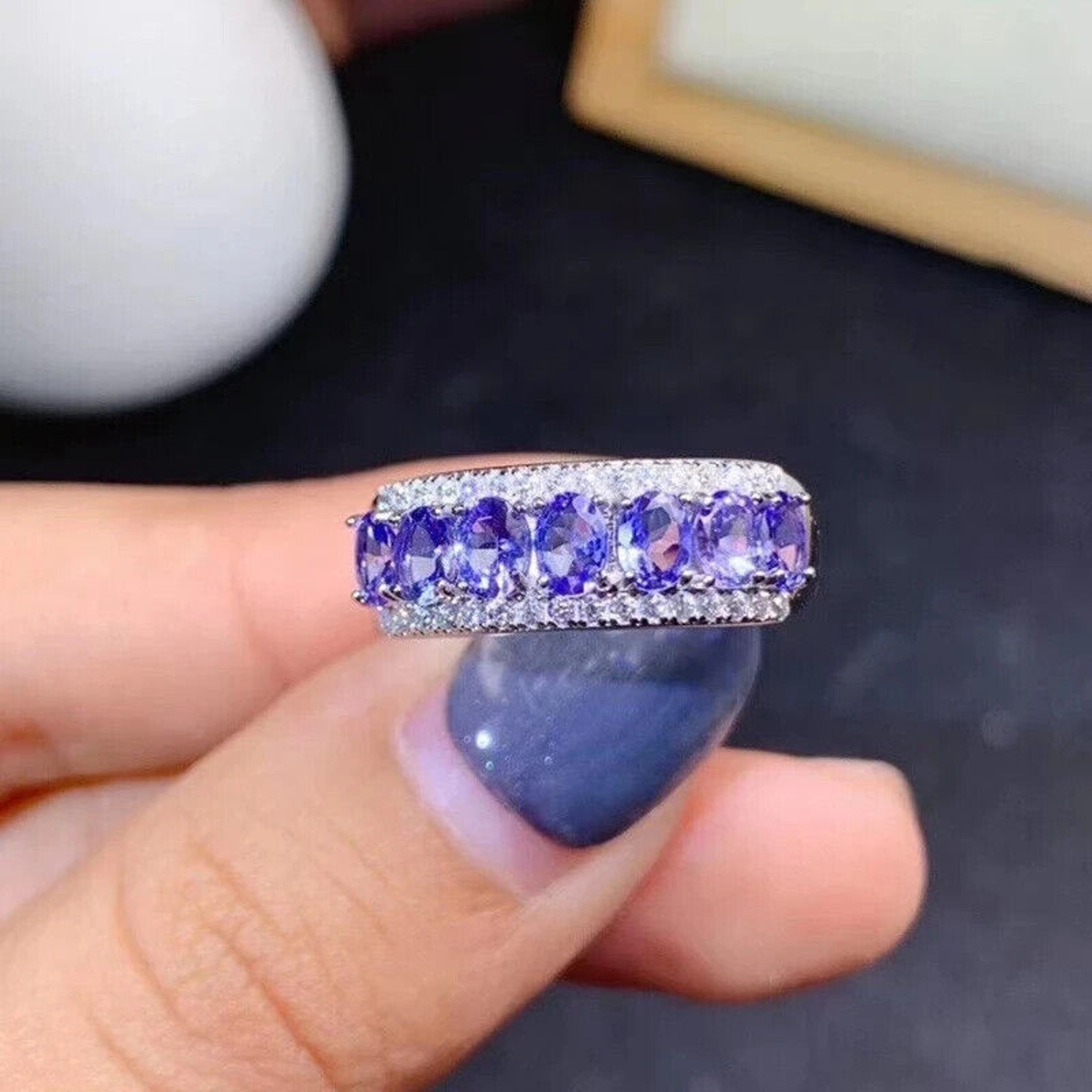 Natural Purple Tanzanite Band Ring 3x4mm Platinum Plated, Tanzanite Band Ring