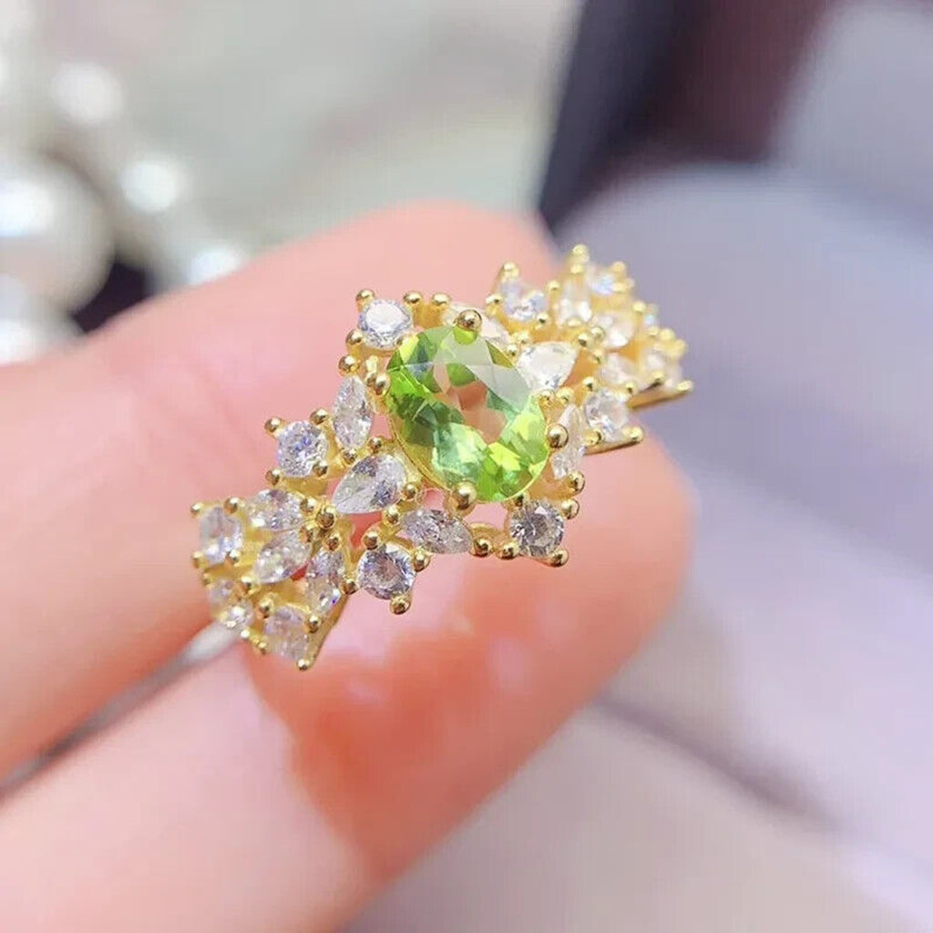 Natural Peridot Gemstone Statement Ring 5x7mm, August Birthstone Peridot Ring