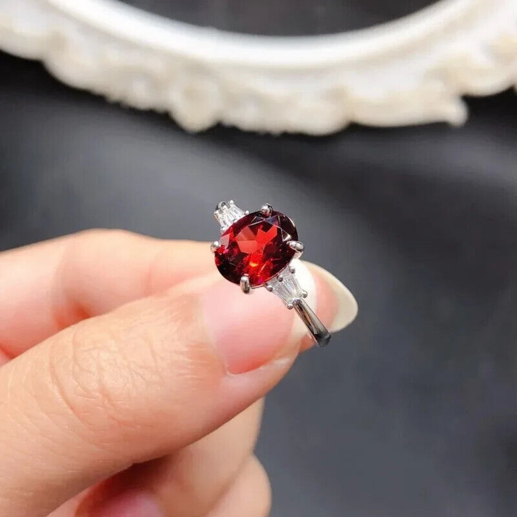 Red Garnet Oval Cut Cocktail Ring 7x9mm Platinum Pated Sterling Silver