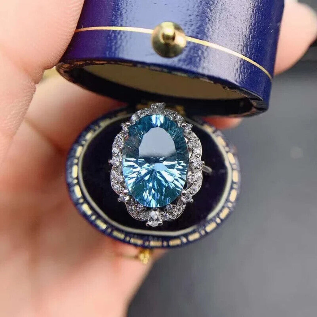 Natural Blue Topaz Gemstone Ring 10x14mm, Large Blue Topaz Cocktail Ring