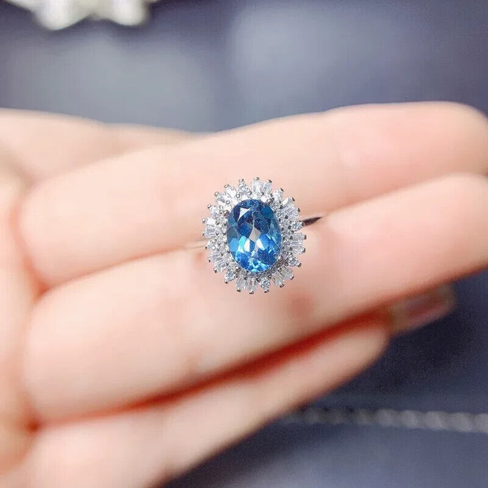 Swiss Blue Topaz Statement Ring, Natural Blue Topaz Gemstone Ring 6x8mm 1.6CT